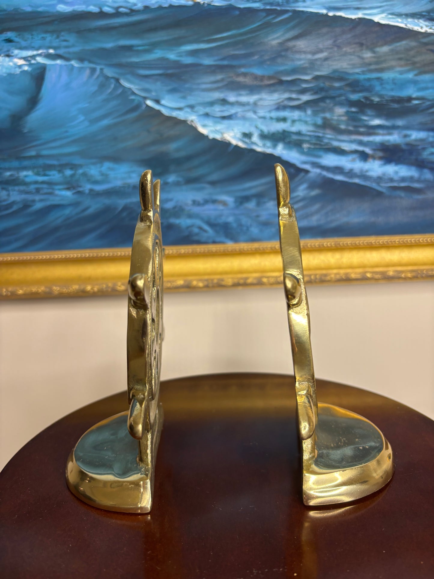 Beautiful pair of heavy brass ship wheel bookends pair!