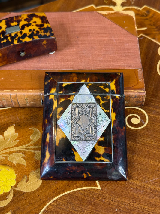 Antique Tortoiseshell Calling Card Case | Mother-of-Pearl & Sterling Silver Cartouche | 4”