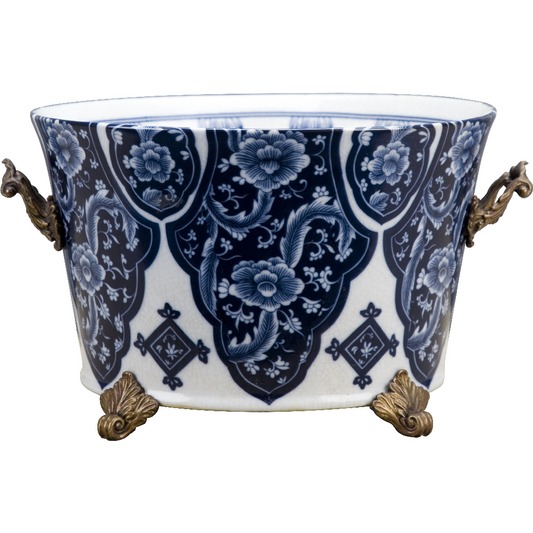 12L X 10.5W X 7H Porcelain Planter in Blue & White,  intricate bronze handles