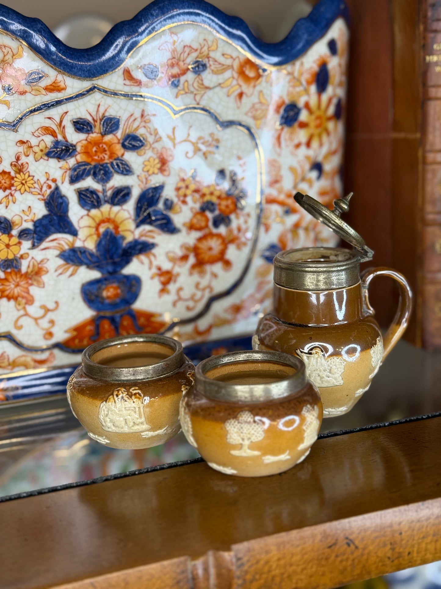Antique Doulton Lambeth Stoneware Condiment Set – Mustard Pot and Salts, c.1890, Stapled