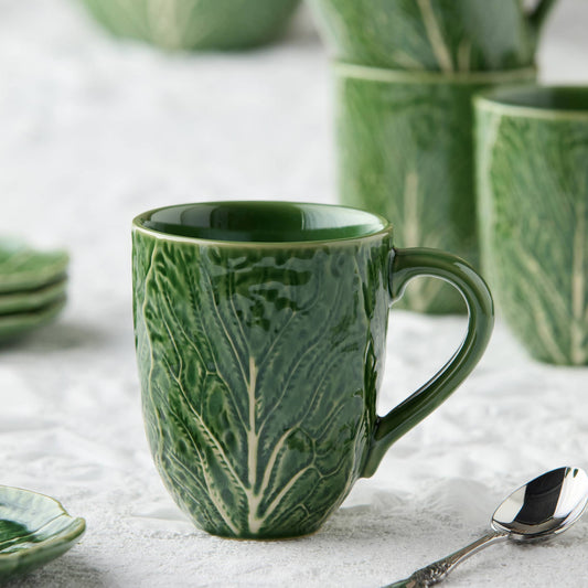 Green Cabbage Majolica Stoneware Mug | Sculpted Leaf Handle
