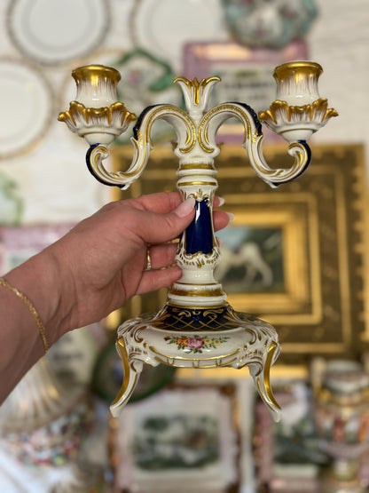 WCCR Charitable Item #129 | Dresden Hand-Painted Porcelain Three-Arm Candelabra | Rococo Revival | 22K Gold | 9.5”