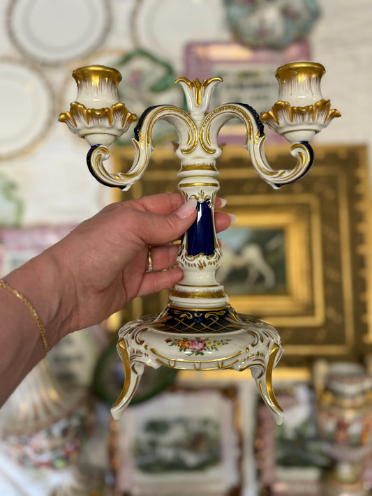 WCCR Charitable Item #129 | Dresden Hand-Painted Porcelain Three-Arm Candelabra | Rococo Revival | 22K Gold | 9.5”