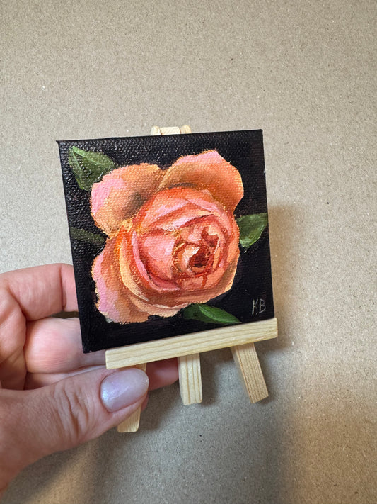 Live 06/19 mini art peachy rose original oil paintings on stretched canvas 3x3”