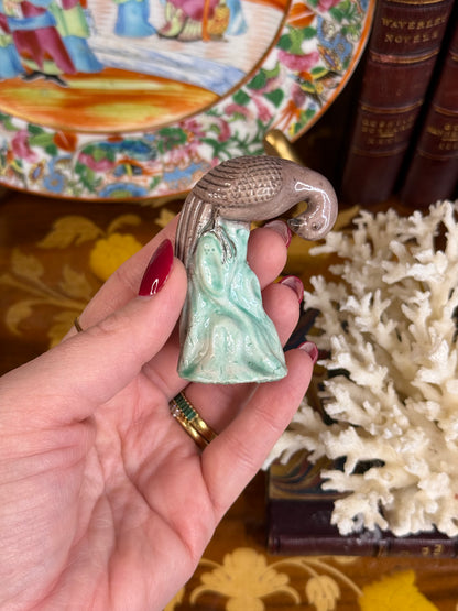 Miniature Chinese Porcelain Bird on Celadon Rock | Mid-Century Export Figurine, 2.5” Tall