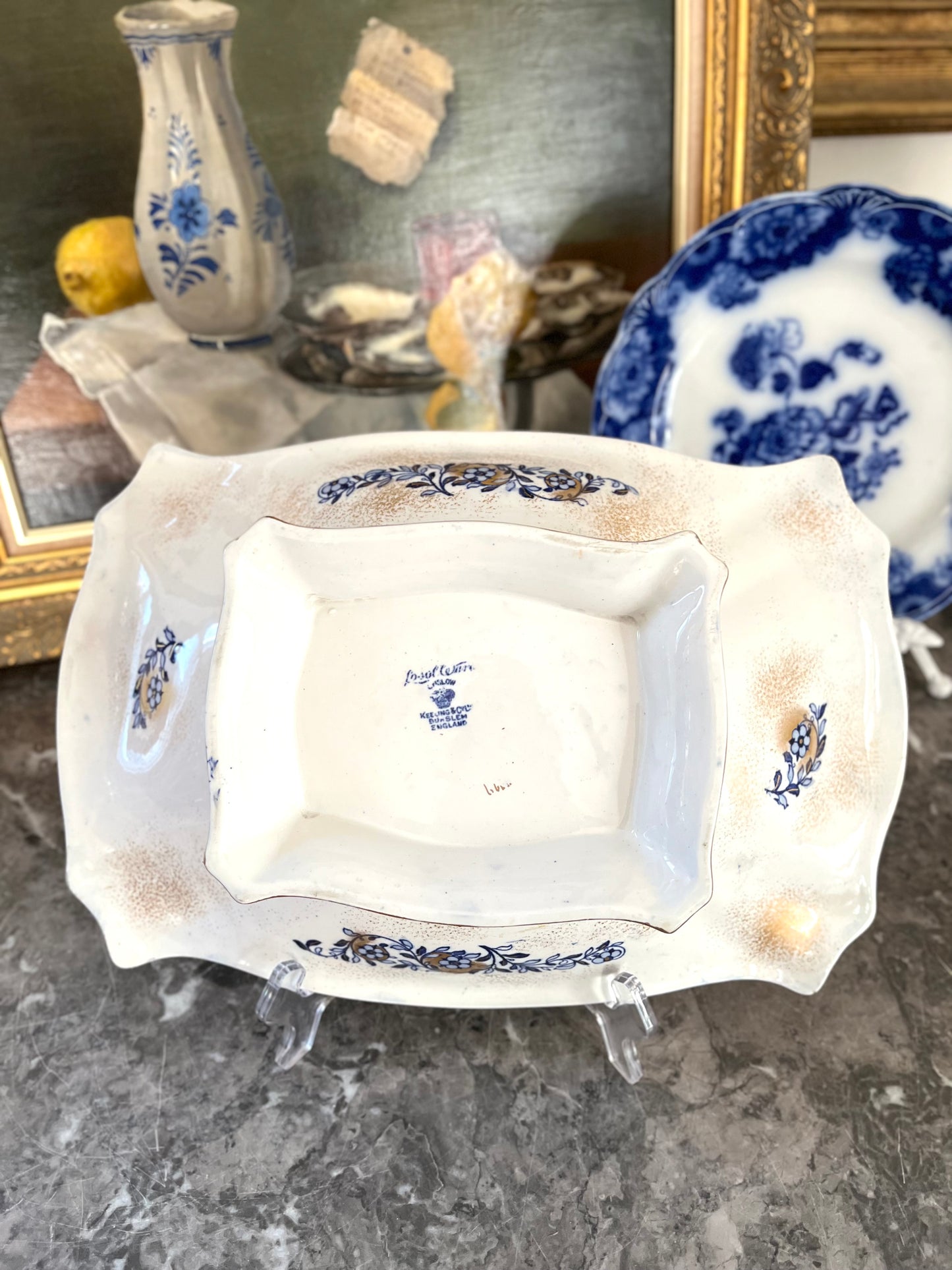 Rare English Gilded Flow Blue Rectangular Pedestal Bowl - Keeling & Co Burslem