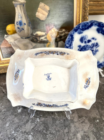 Rare English Gilded Flow Blue Rectangular Pedestal Bowl - Keeling & Co Burslem
