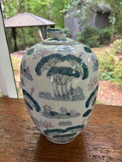 Sweetest 13” lidded ginger jar featuring pastels and a frog finial!