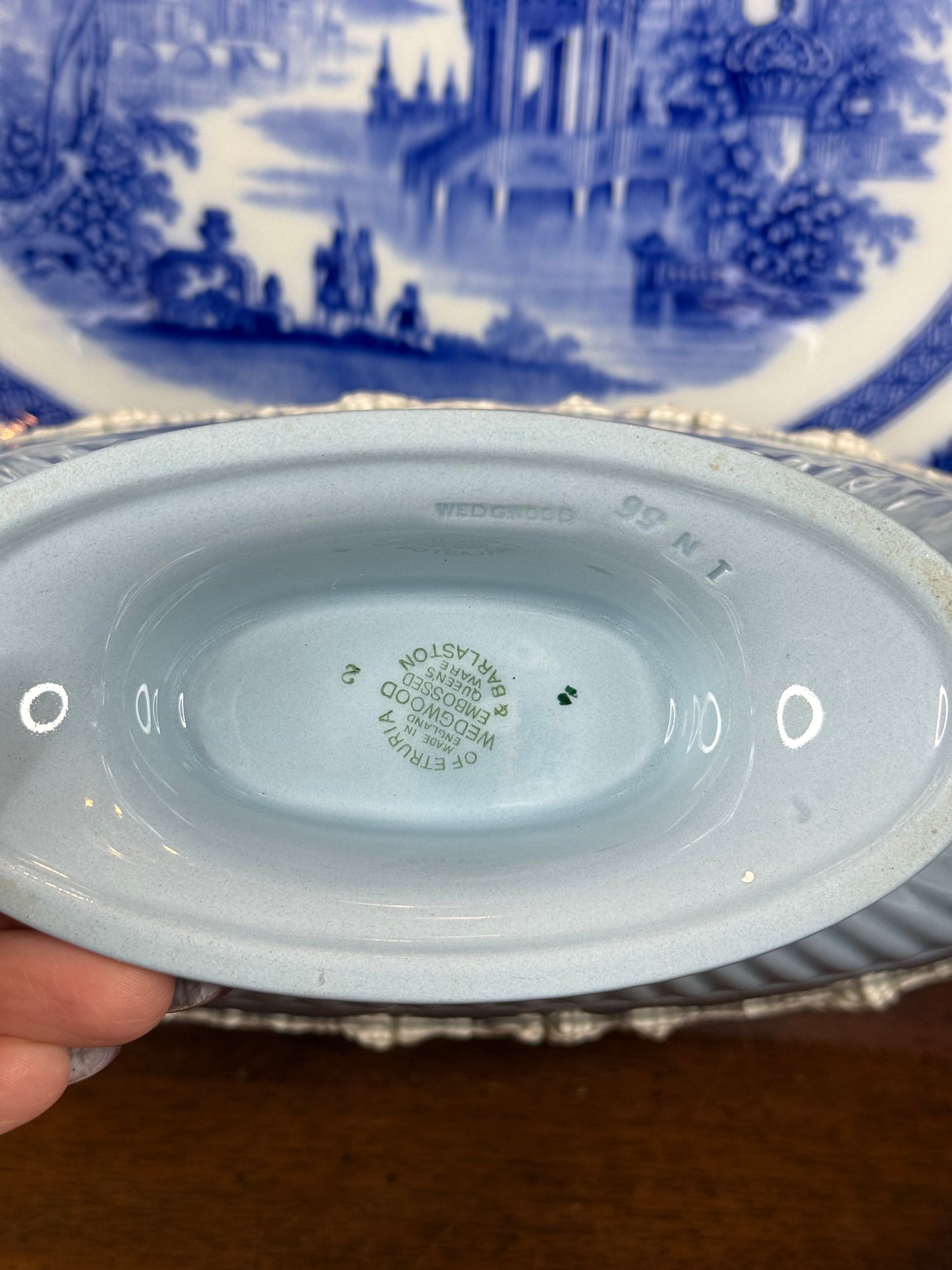 Wedgwood Embossed Queensware Ellipse Footed Bowl | Pale Blue & White | 12.5” L × 5” W × 5.75” H | #DA4581