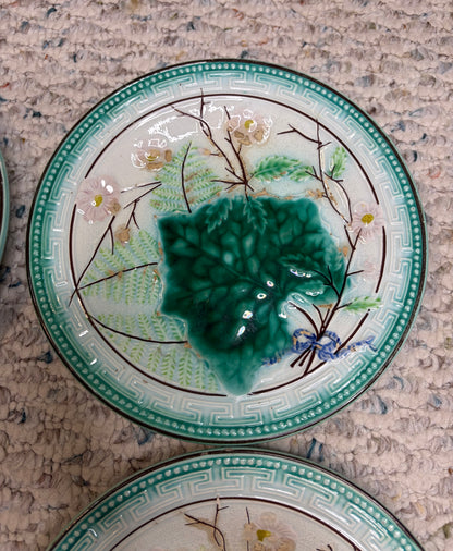 Antique majolica leaf plates with Greek key border- Set of 4! As is!