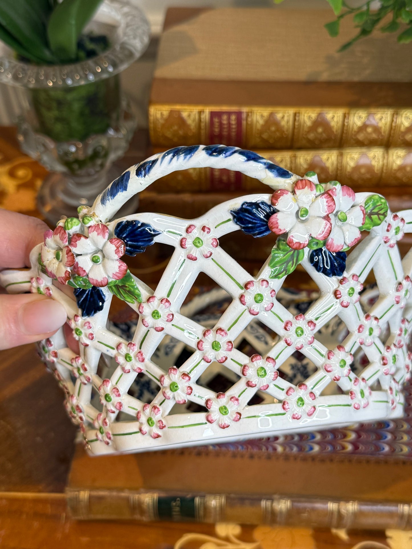 Rare Antique Booths Silicon China “Scale Blue” Exotic Birds Pierced Fruit Basket | 9” x 8”