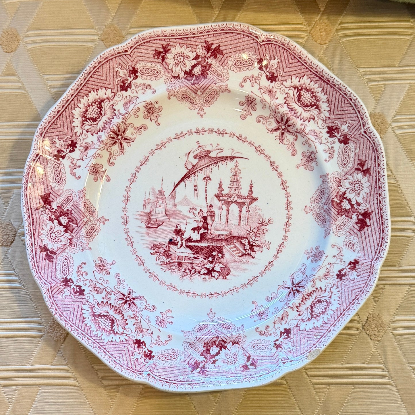 Pair 2 Designer Oriental antique English Chinese Pink Red Pagoda plates 7.25d
