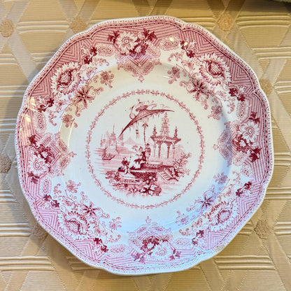 Pair 2 Designer Oriental antique English Chinese Pink Red Pagoda plates 7.25d