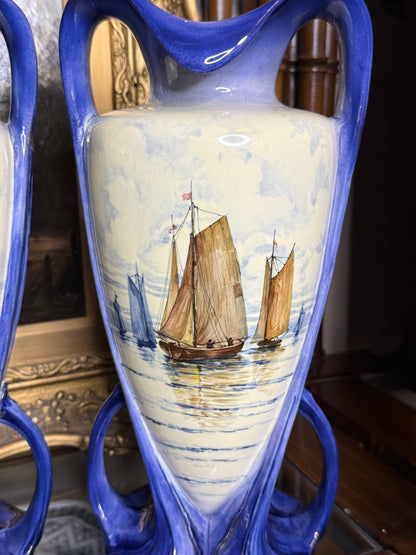Antique 12.5” Tall Royal Bonn Franz Anton Mehlem Pair of Hand-Painted Maritime Vases | Model 2758 | c.1900 | DA4418