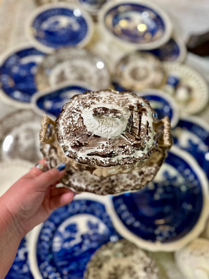 Antique English Corinthian Brown Transferware Pearlware Tureen, Lid & Stand, c. 1830s–1840s
