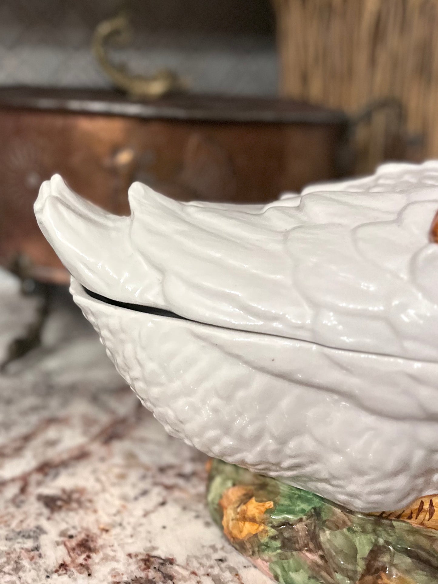 Elegant Mid Century Italian Hand Painted Goose Covered Dish – Base Greens, Rose & Gold