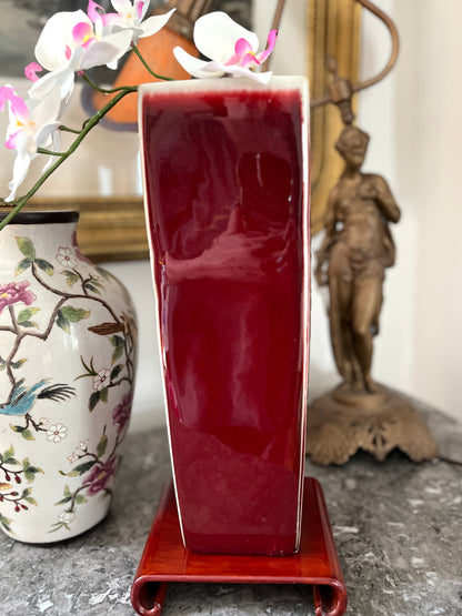 Live 07/21 Monumental Vintage Chinese Oxblood (Sang de Boeuf) Glazed Porcelain Vase on Hardwood Stand, 16”