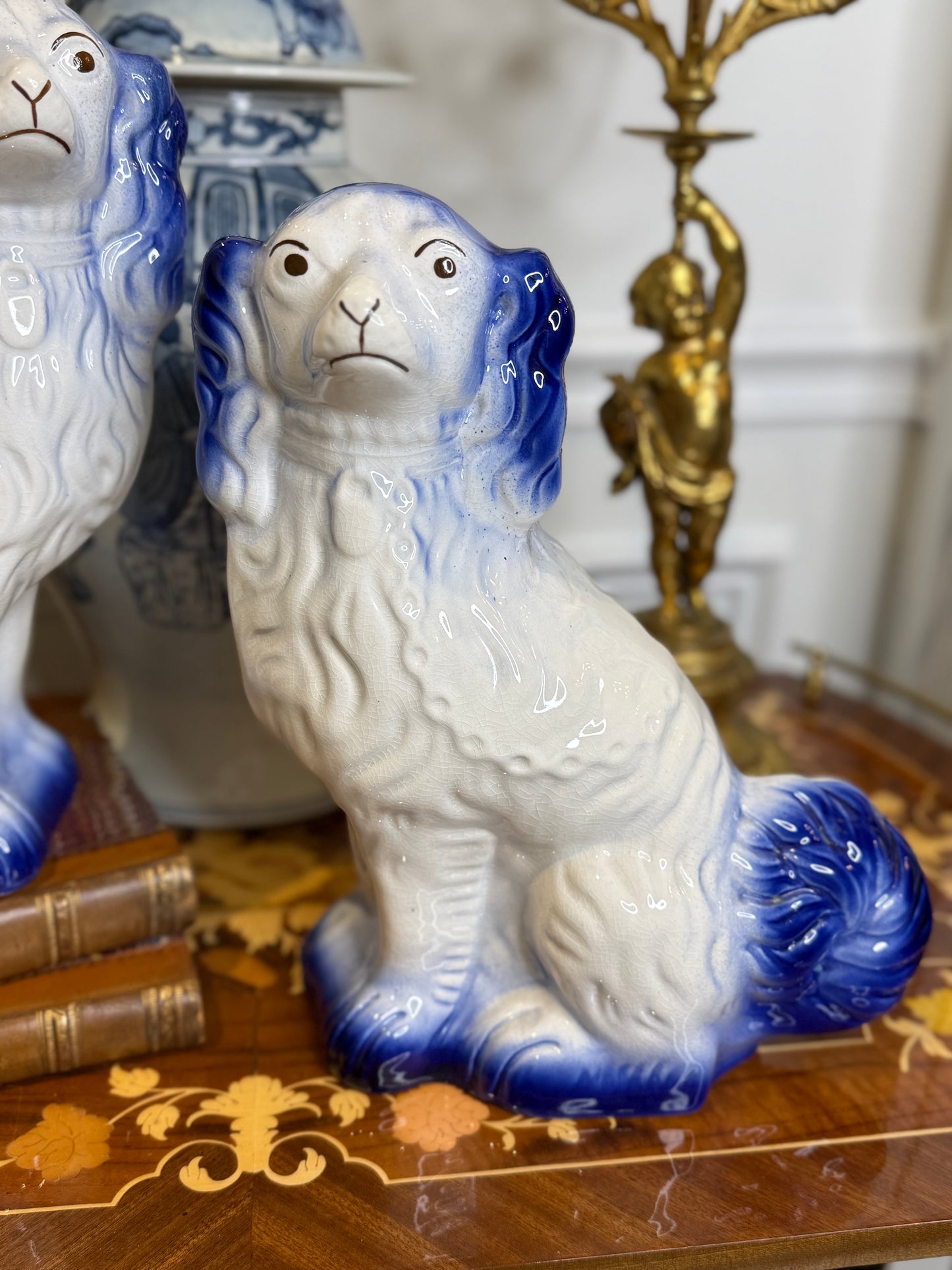 Arthur Wood England Blue & White Staffordshire Spaniel Dog Pair | 12” Tall