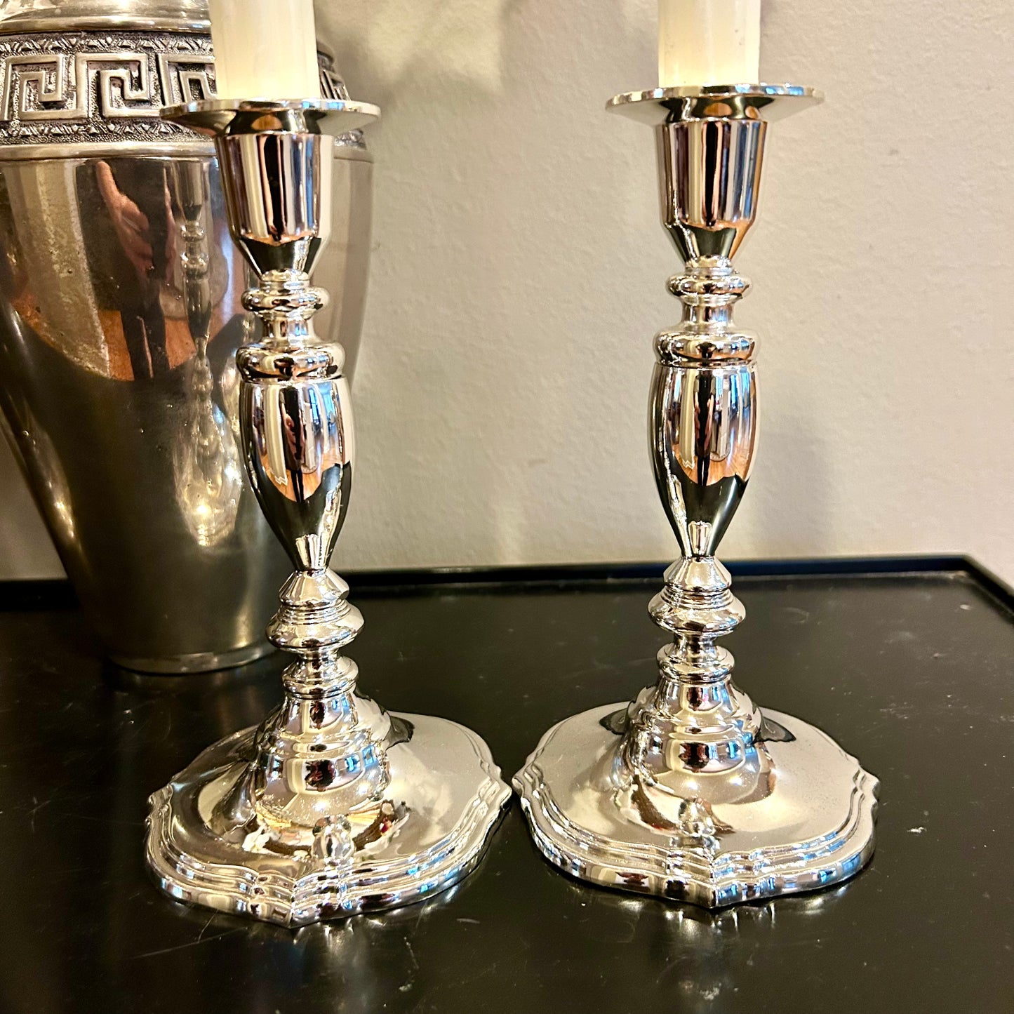 Pair of sparkling silver plate vintage candlestick holders