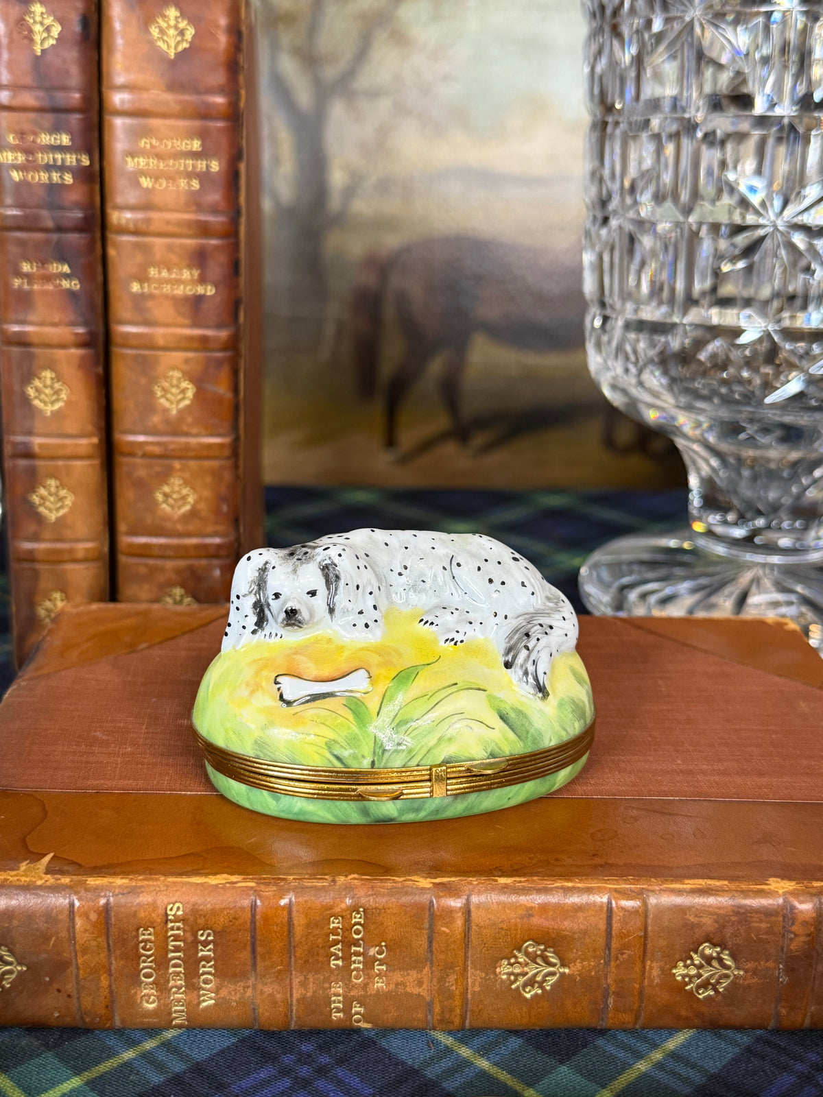 Vintage French Limoges Porcelain English Setter Dog Hinged Trinket Box | Hand Painted | 3.5” W