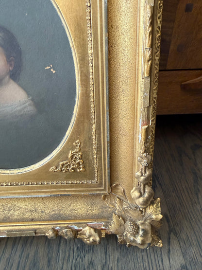 Antique Oil Portrait on Board in Period Giltwood Frame 17x15”