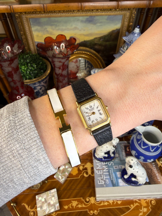 White Enamel “H” Gold Hinged Bangle Bracelet W/ Box