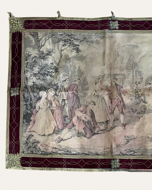 Live 06/05 Antique French “Fete Galant” Wall Tapestry Edged In Original Velvet Border With Satin Accents 32”H X 44 1/4”W