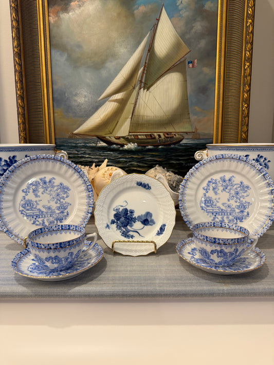Vintage Blue & White Porcelain Set for 2 - Pair of Teacups, Saucers & Dessert Plates