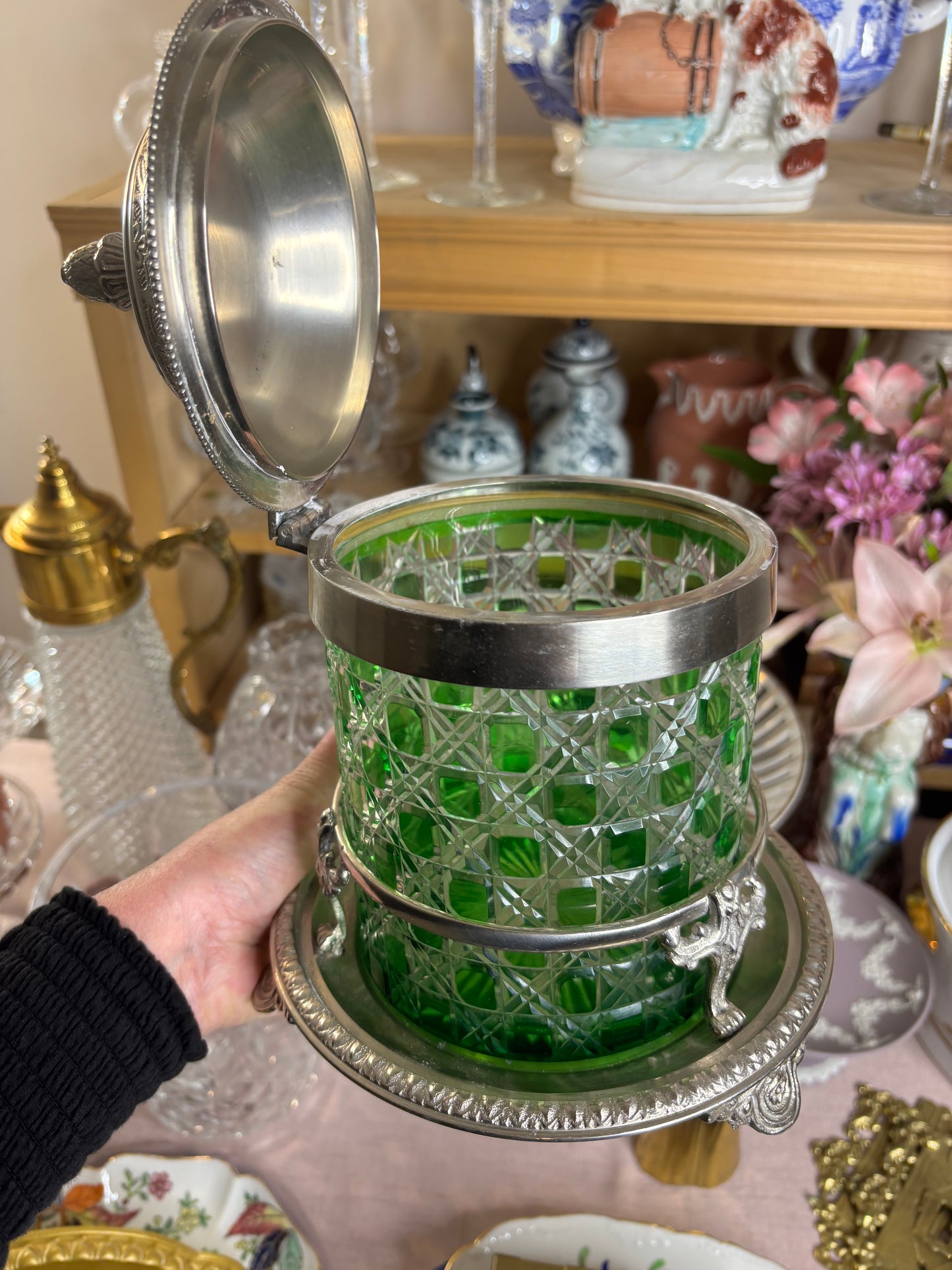 Stunning antique cut green biscuit jar with holding tray!
