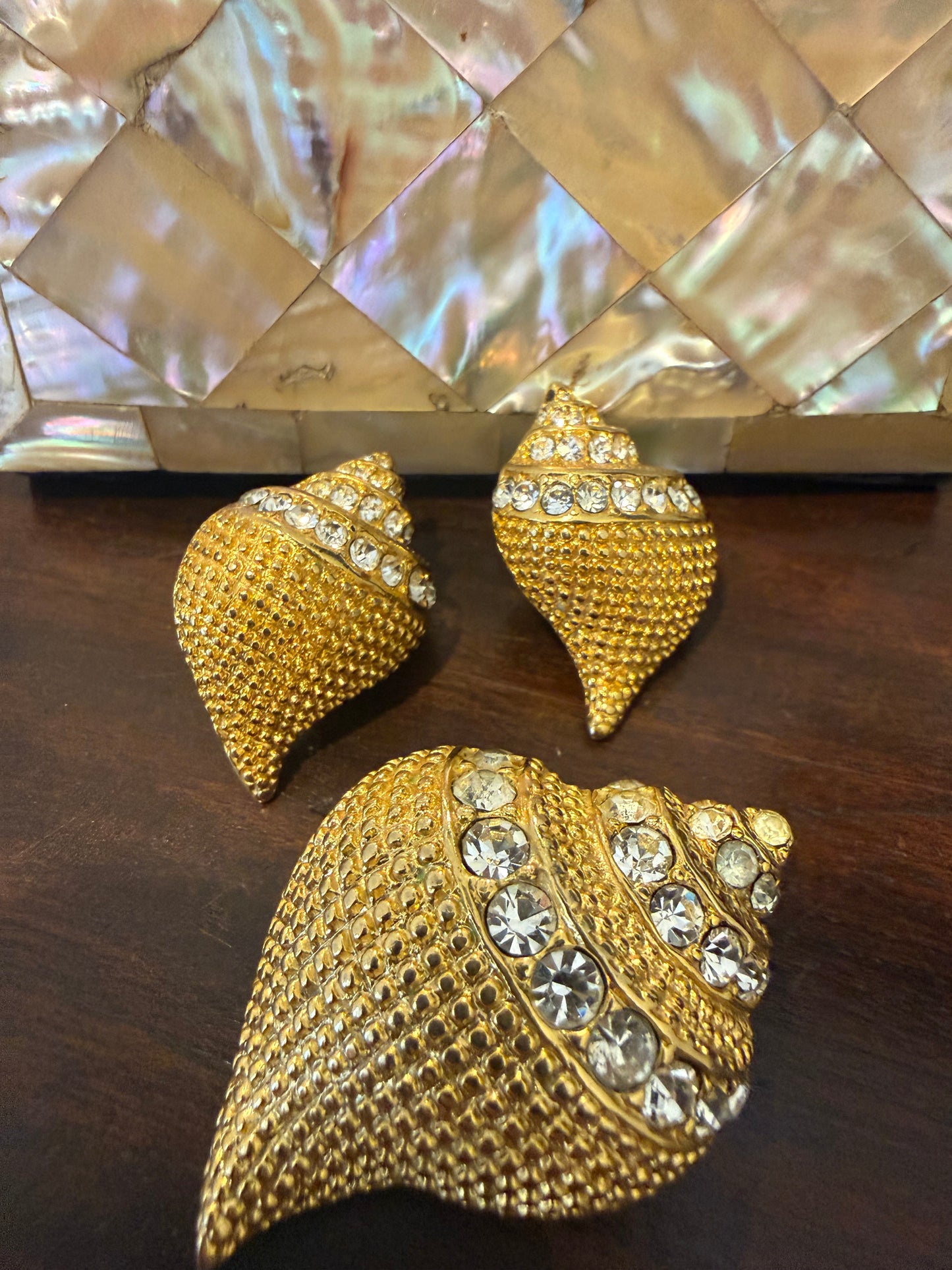 Vintage Signed Kenneth Jay Lane Gold Plated & Crystal Shell Brooch