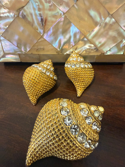 Vintage Signed Kenneth Jay Lane Gold Plated & Crystal Shell Brooch