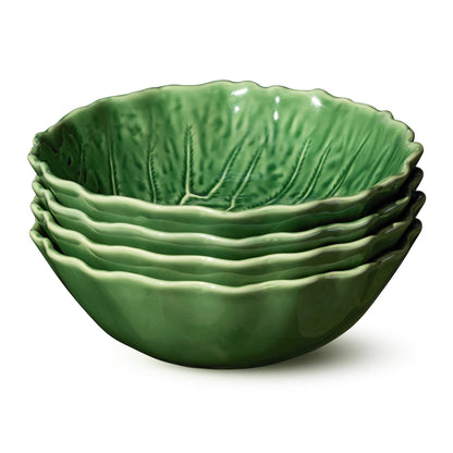 Cabbage Leaf Soup Bowl | Green & White Ceramic |  8.5in x 2.75in | 40 oz