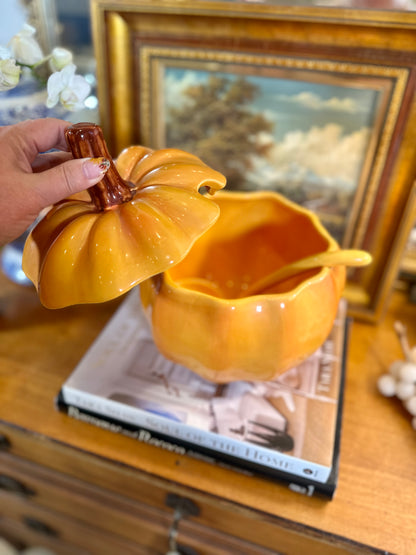 Festive Figural Pumpkin Tureen with Lid & Ladle 3-piece Set, Made in Portugal, 10”