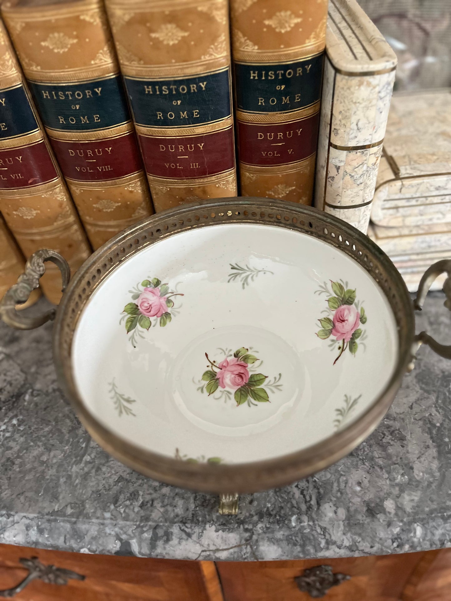 Antique French Porcelain Covered Bonbonnière with Hand-Painted Cherubs & Gilt Mounts - Signed