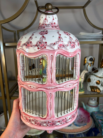 Stunning chinoiserie pink and white bird cage with bird! As is!