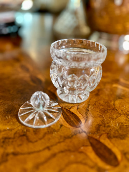 Vintage Cut Crystal Condiment Jar Mustard Pot with Lid | Diamond & Starburst Design