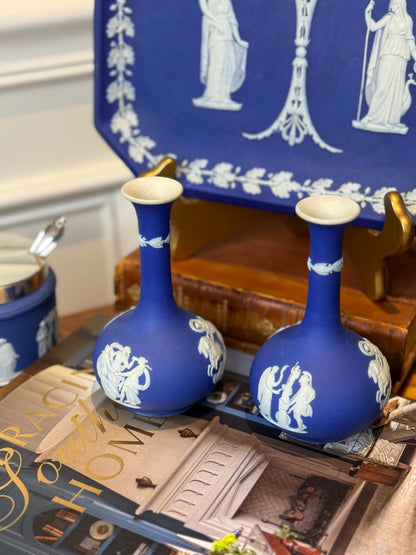 Wedgwood Cobalt Jasperware 5.5” Tall Vase Pair AS IS