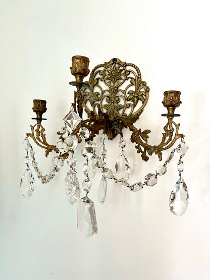 RESERVED -  laina.pkp - Live 09/08 Stunning Pair of Antique French Bronze Crystal Two-Arm Wall Sconces | Ornate Louis XV Style