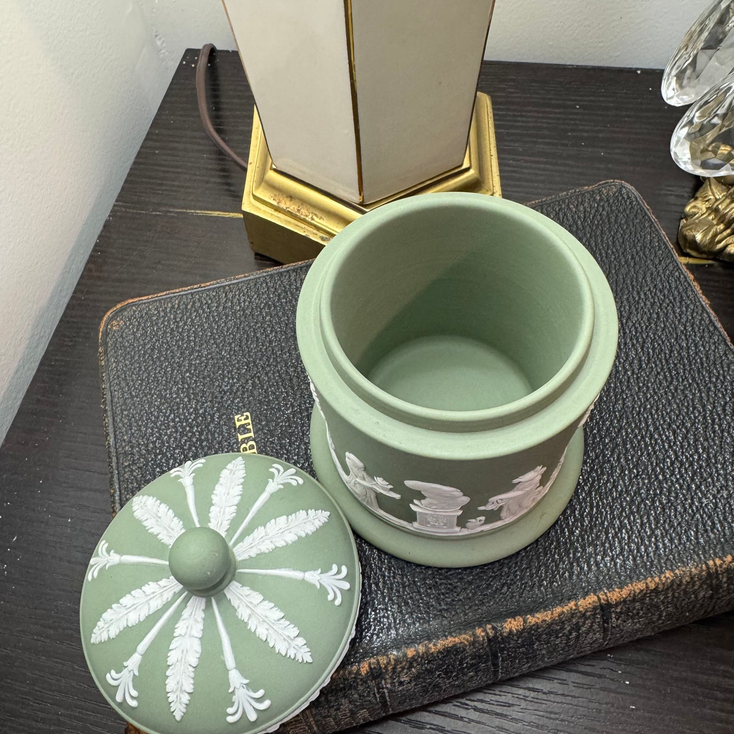 Reserved Wedgwood sage green tobacco leaf dish