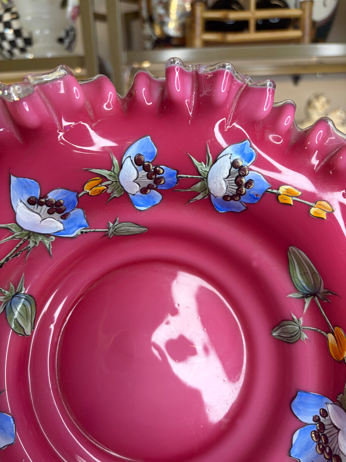 Stunning handpainted floral and pink ruffled edges bowl!