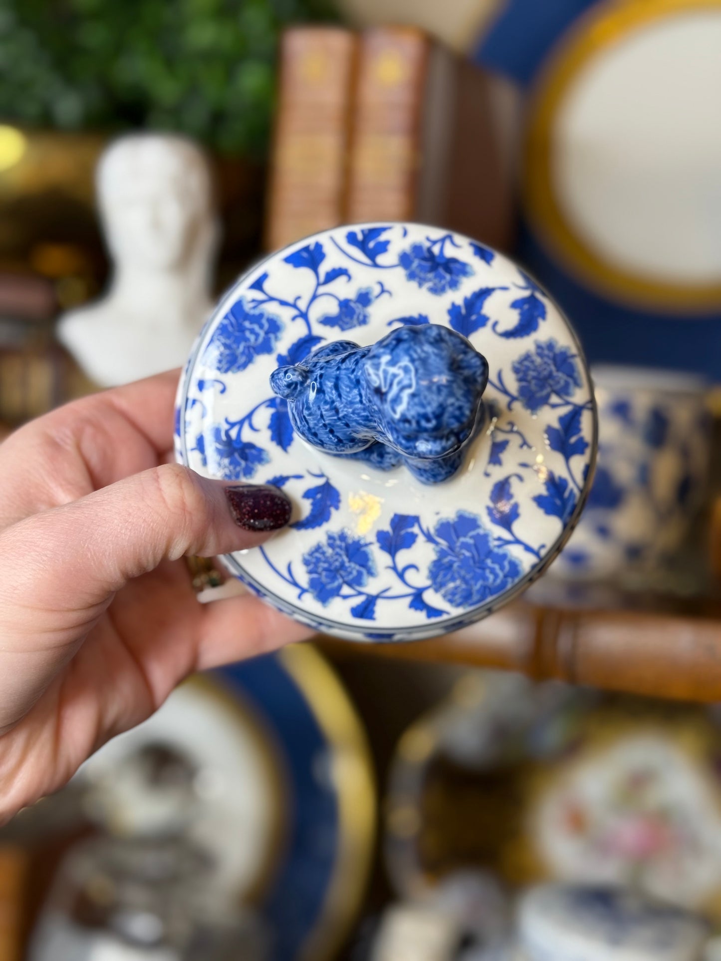 Danny’s Fine Porcelain: Blue & White Porcelain Foo Dog Lidded Box with Floral Motif