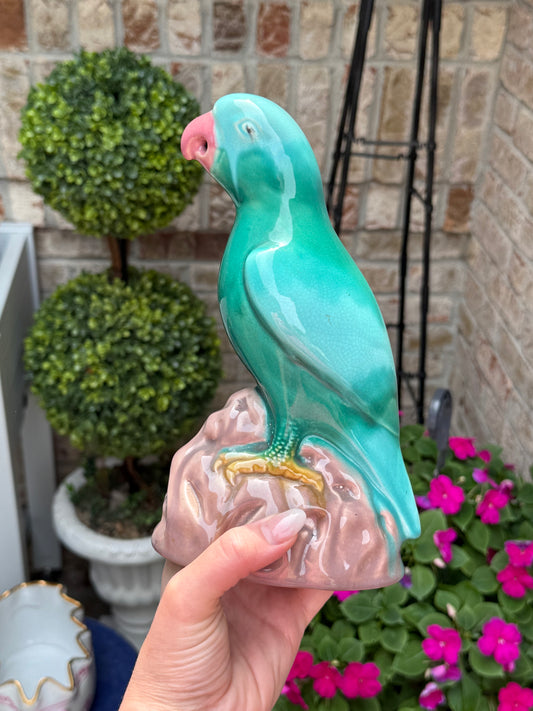 Antique Majolica Turquoise Parrot Figurine | 8.5” H