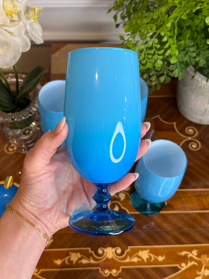 Set of (4) Carlo Moretti Blue Art Glass Water Goblets | Murano, Italy | 6.75”