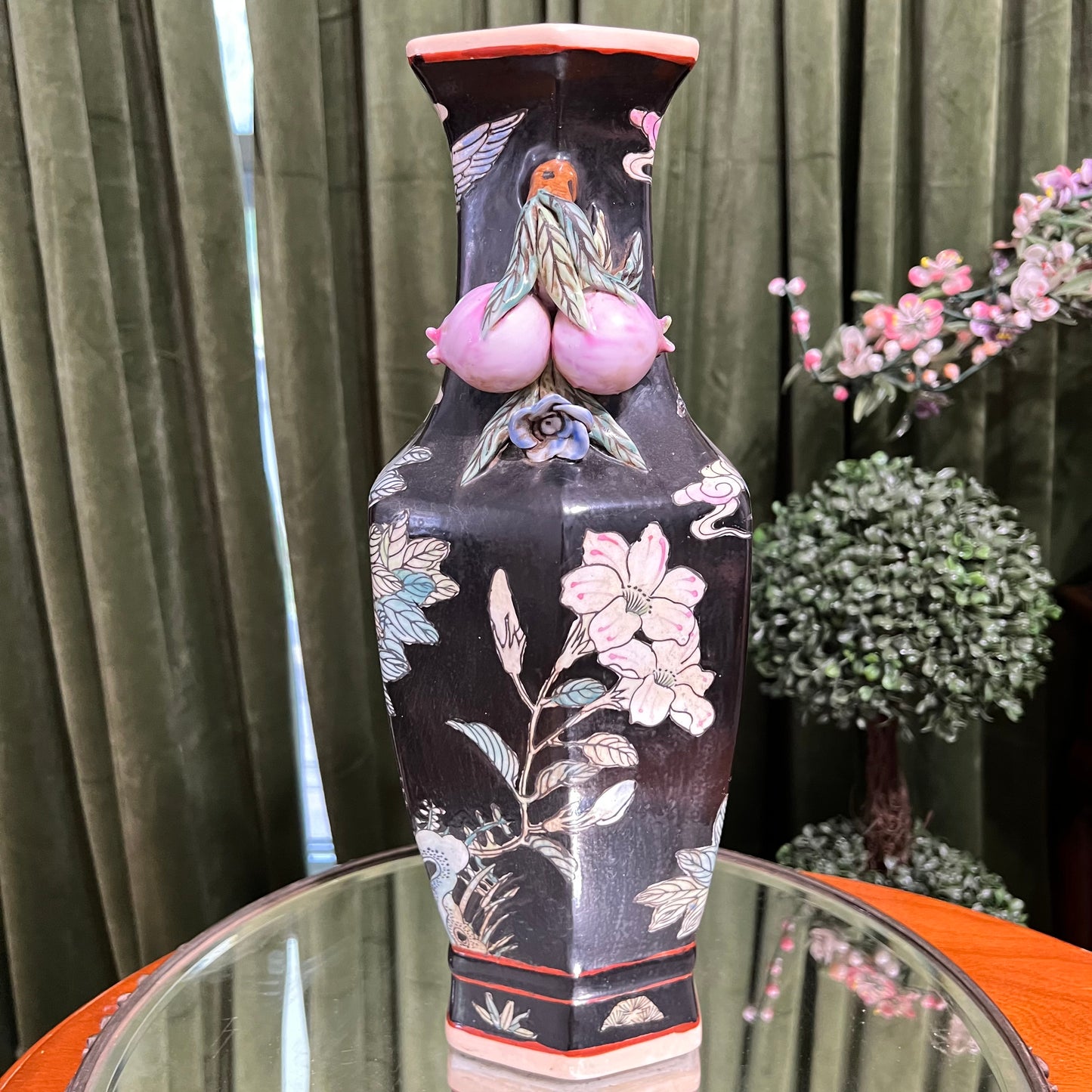 Gorgeous Chinoiserie Black Floral Vase with Pomegranate Handles - Pristine