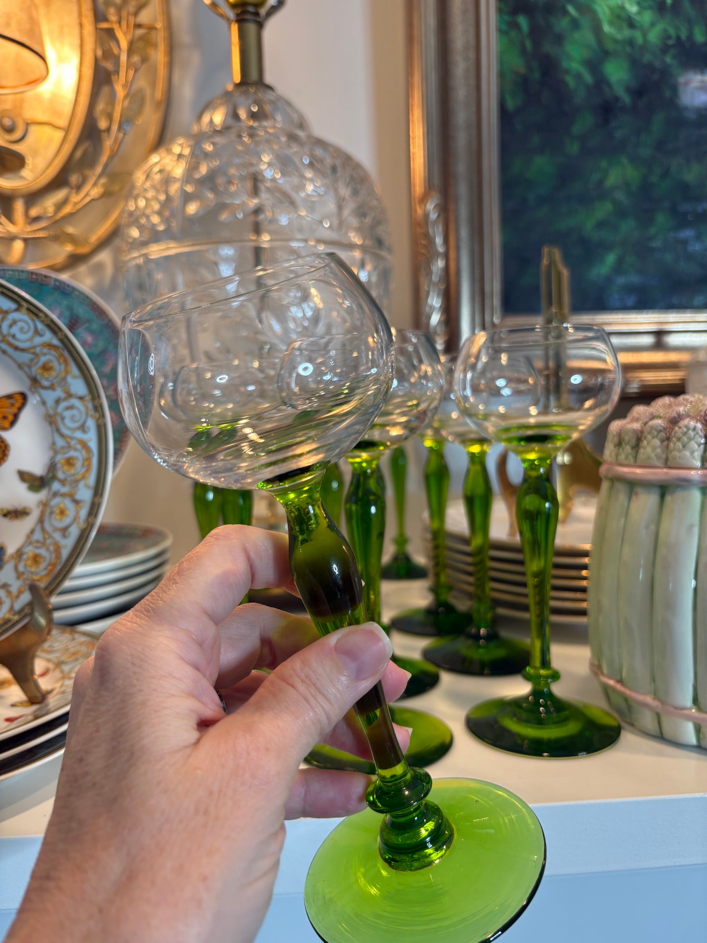 Set (8) Vintage Green Blown Stem Glasses