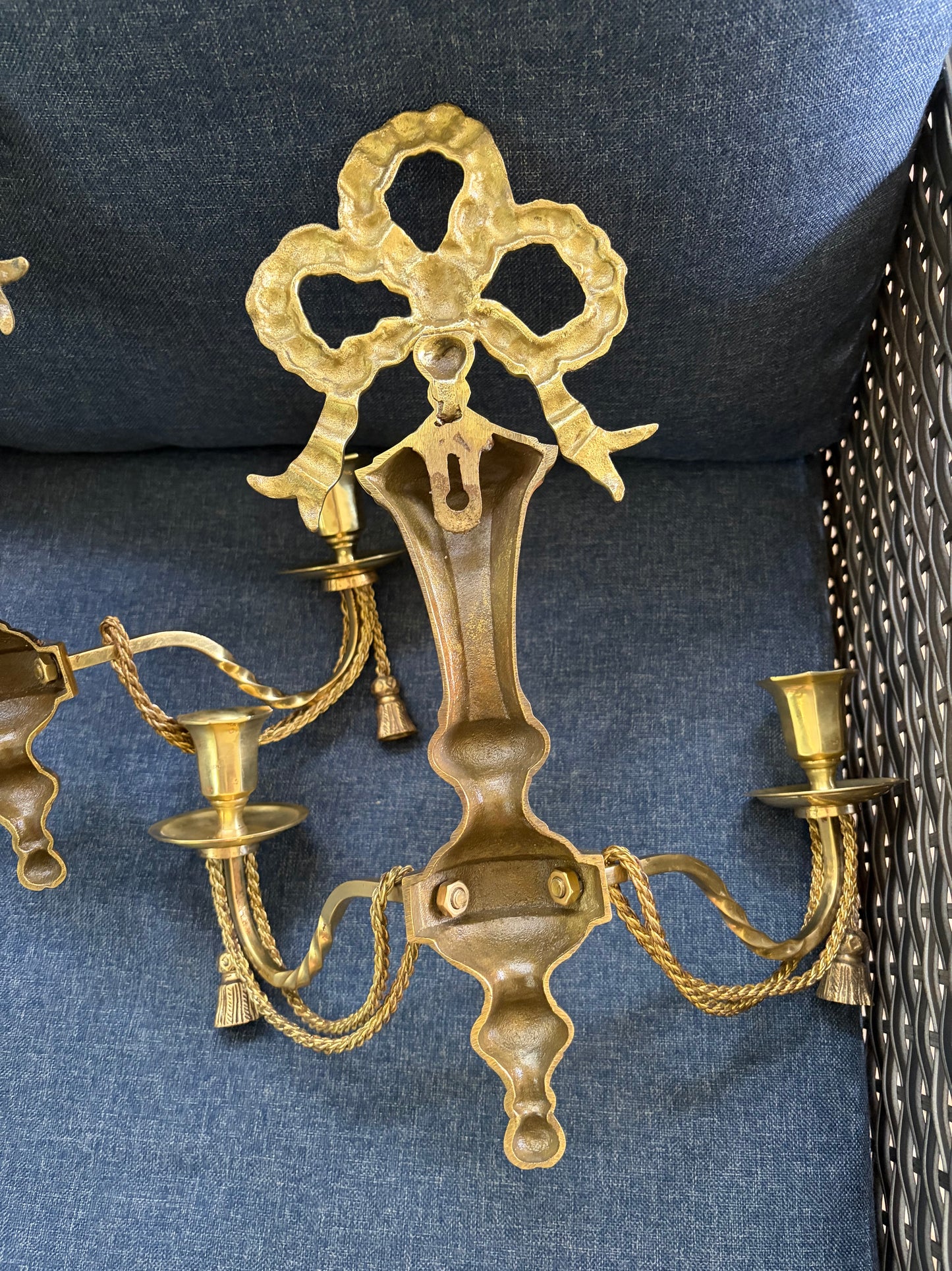 Lovely brass bow sconces with rope and tassel designs pair!