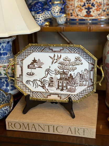 Danny’s Fine Porcelain - 15” x 8.75” x 2.5” Octagonal Willow Porcelain Tray with Bronze Handles
