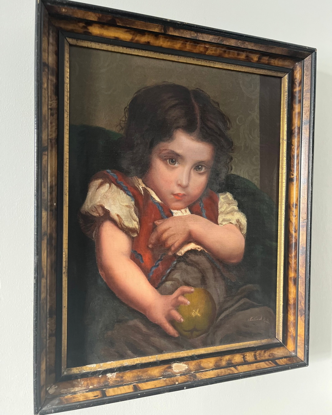 Late 19th Century European School Child Portrait Oil Painting – Biedermeier Influence – Original Wood Tortoiseshell & Gilt Frame