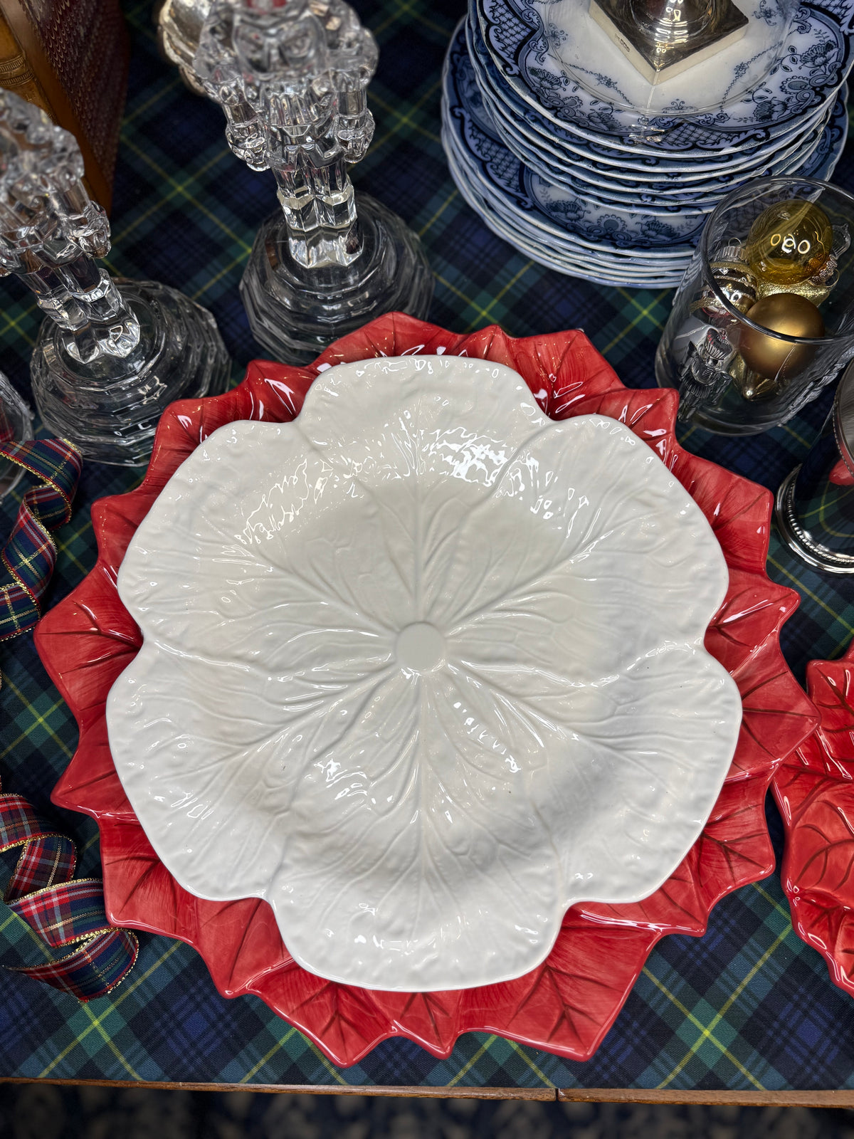 Three-Piece Poinsettia & Cabbage Holiday Place Setting | Charger, Dinner & Salad Plate