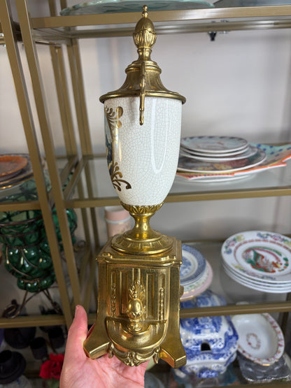 Gorgeous Italian urn with porcelain handpainted scenes and ornate brass details!